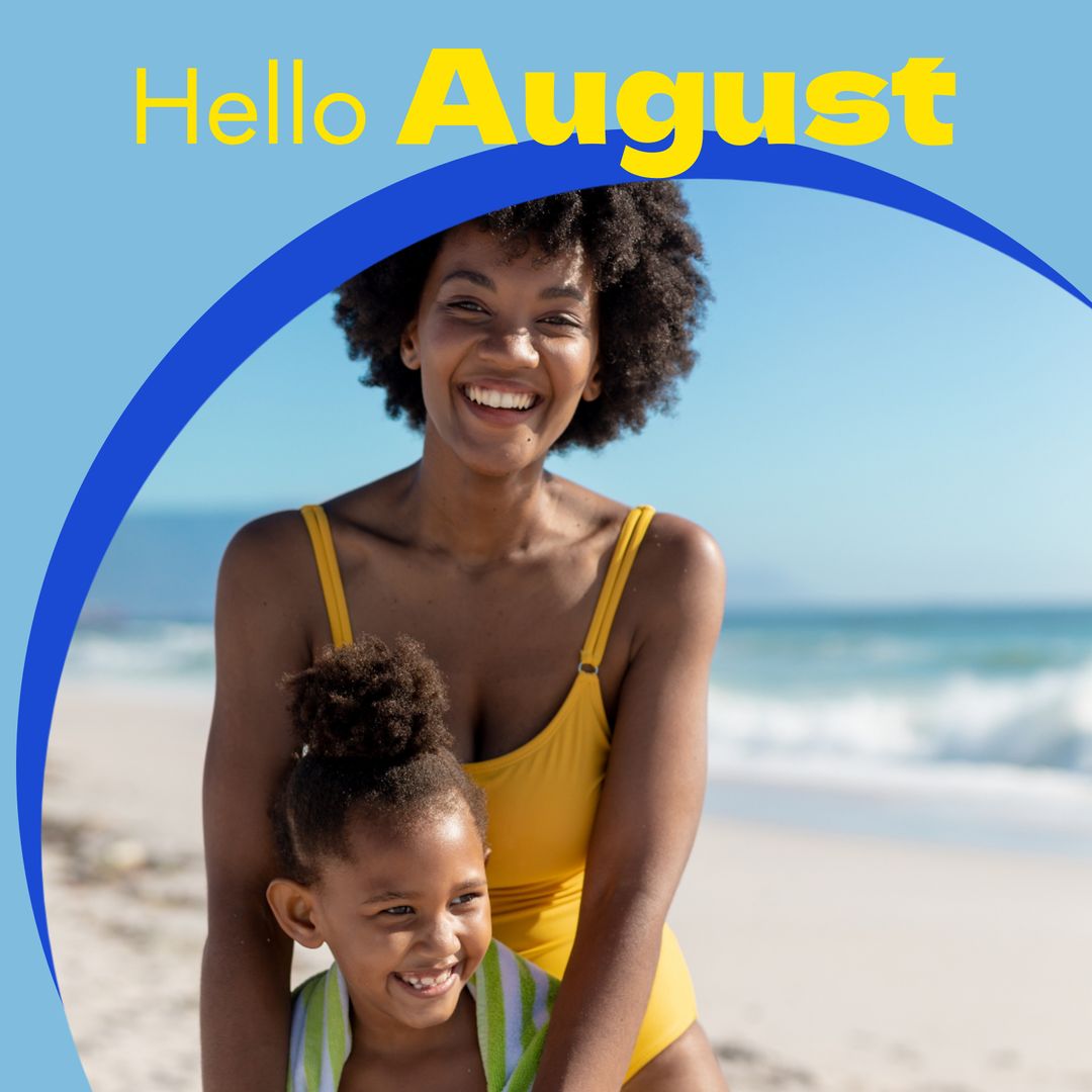 Joyful Summer at Beach with Mother and Daughter Greeting August