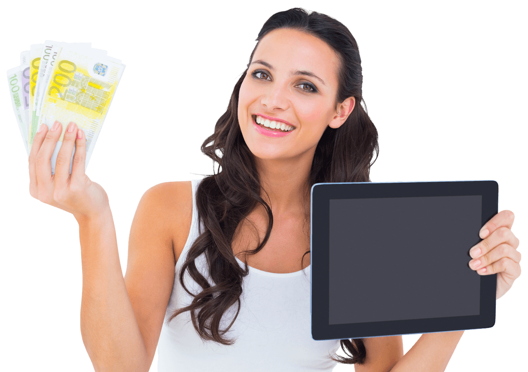 Smiling Woman Using Tablet Holding Euro Banknotes on Transparent Background
