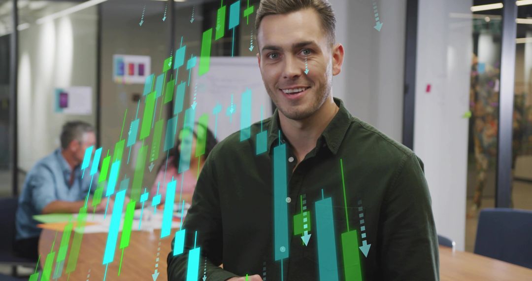 Businessman Analyzing Virtual Stock Charts in Modern Office