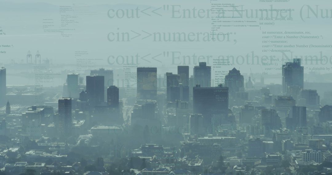 Digital Urban Cityscape with Faint Coding Overlay