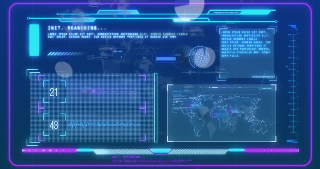 Futuristic Digital Data Processing Interface with Global Maps