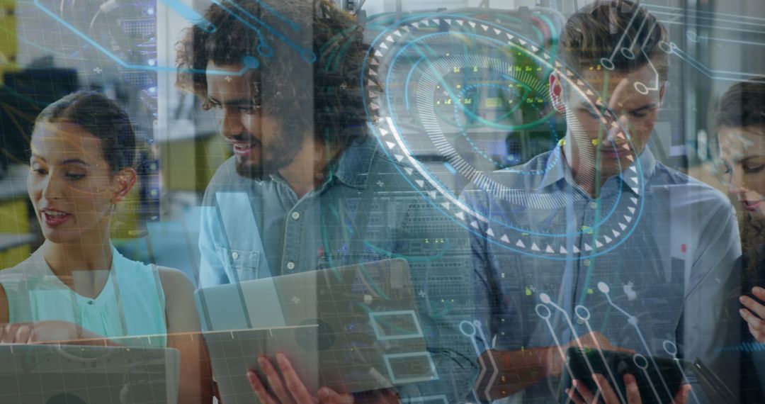 Diverse Team Analyzing Digital Data with Tech Overlay