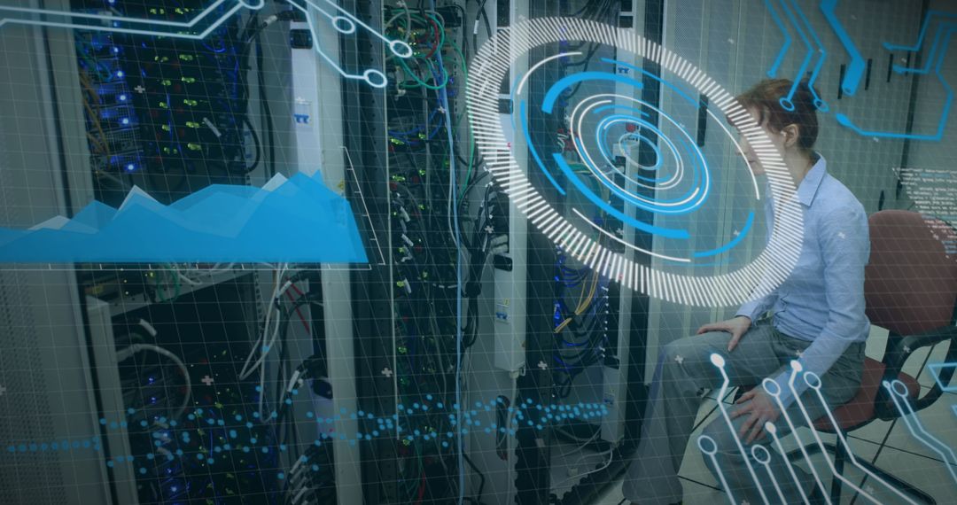 Man Wearing VR Headset Interacting with Data Analytics Interface