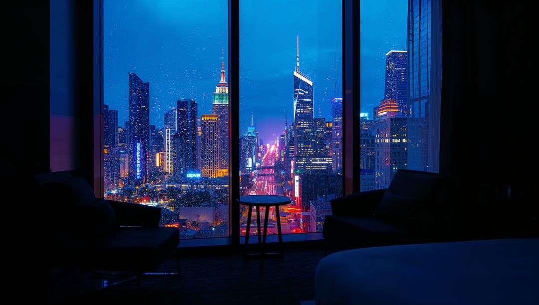 Rain-splashed skyline glowing through hotel floor-to-ceiling windows with neon city lights