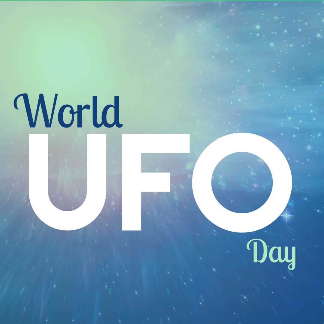 World UFO Day Text with Stars in Galaxy Background