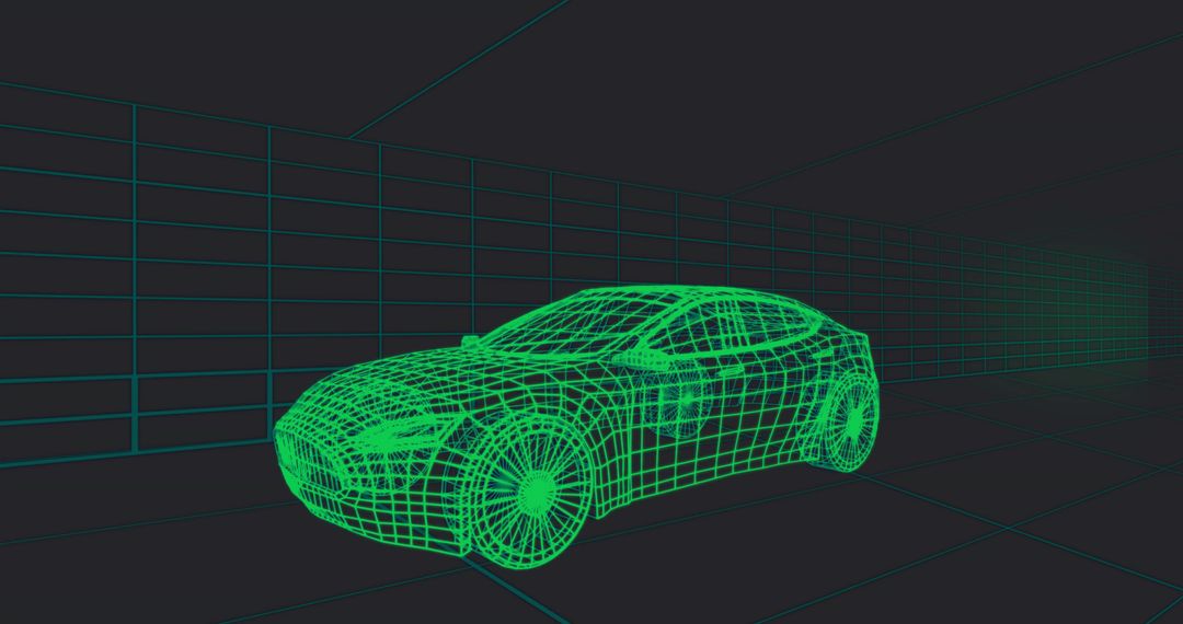 Rendering Neon Green Wireframe Sports Car 3D Mesh in Grid Studio Environment