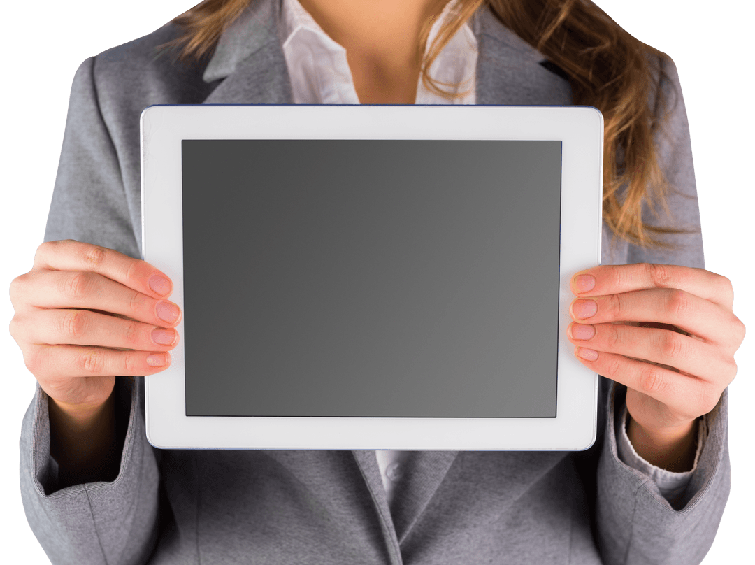 Businesswoman Displaying Tablet with Transparent Screen