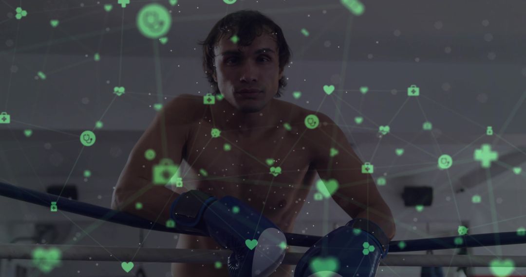 Boxer Reflecting in Gym with Digital Overlay Elements