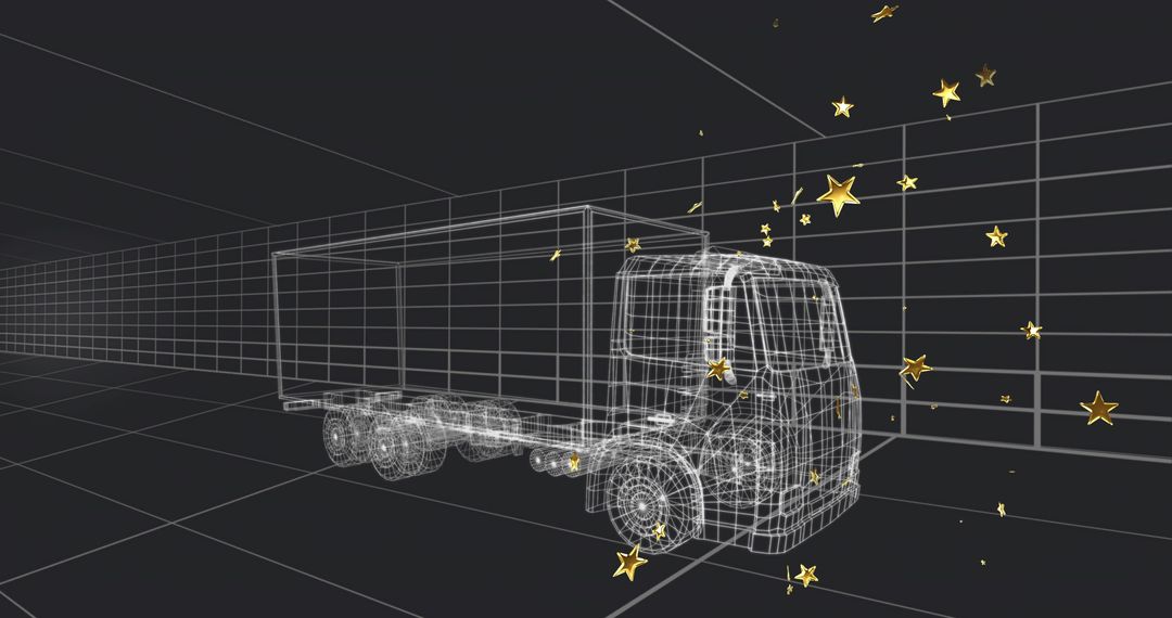 Futuristic Wireframe Cargo Truck with Floating Golden Stars