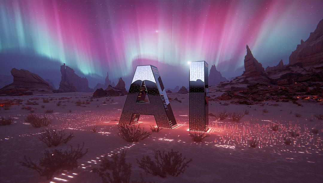 Futuristic AI sculpture glowing in desert under aurora borealis with mirrored circuitry