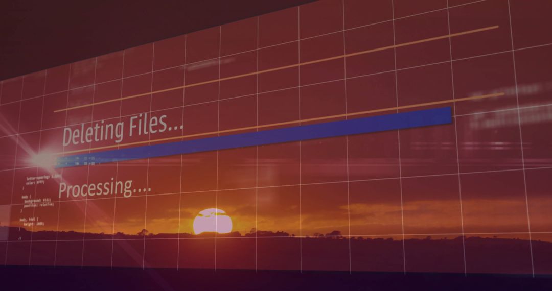 Digital Interface Displaying File Deletion Progress Over Sunset Background