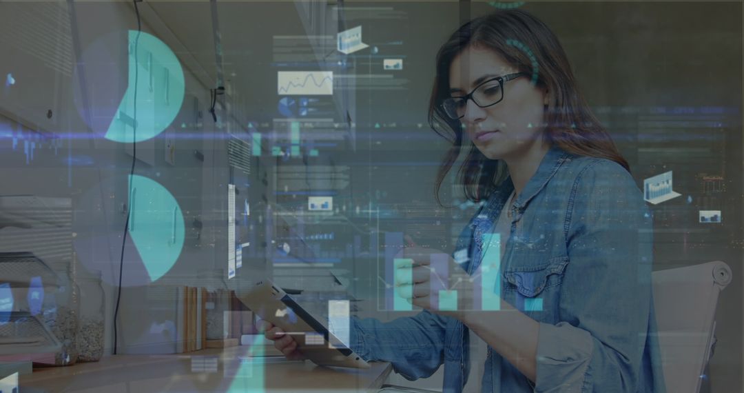 Businesswoman Analyzing Data on Digital Tablet with Interface Overlays