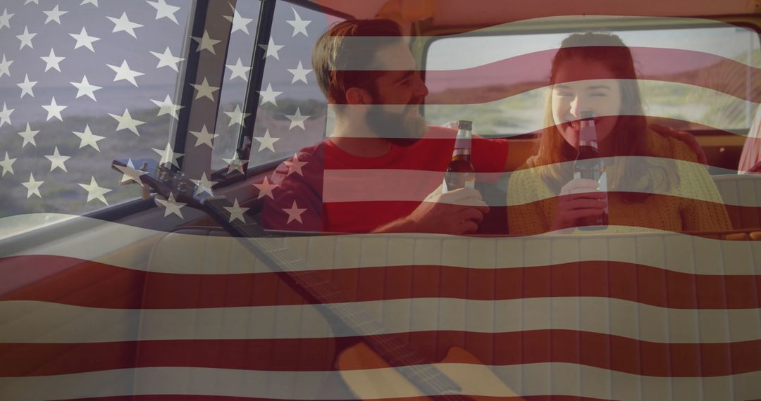 Couple Enjoying Drink in Camper Overlaid with American Flag