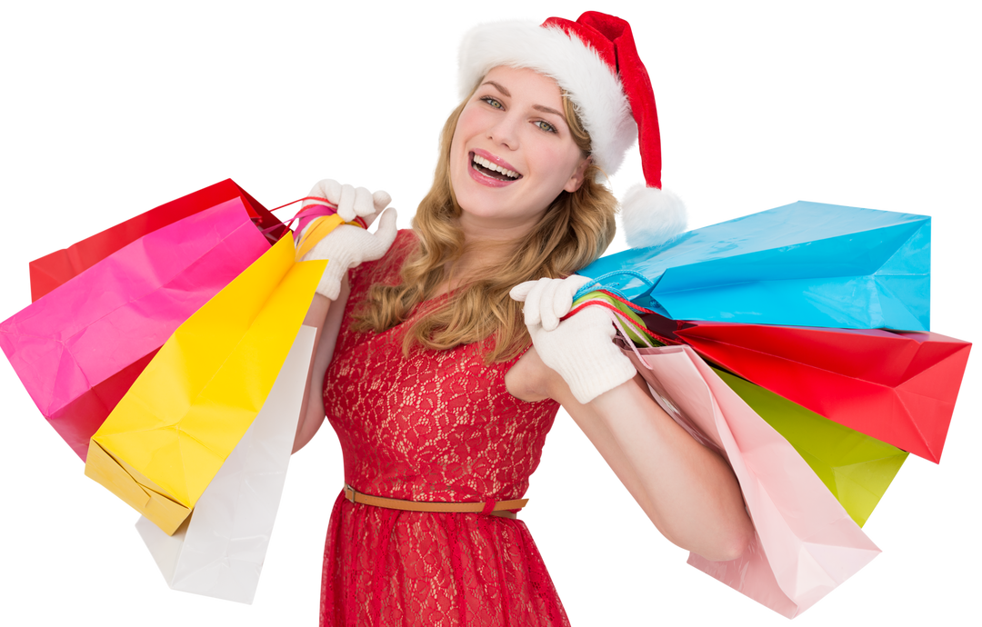 Transparent Smiling Woman in Santa Hat Holding Colorful Shopping Bags - Download Free Stock Images Pikwizard.com