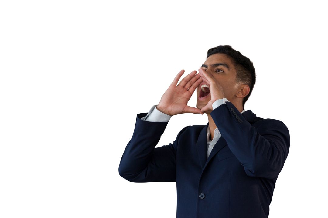 Businessman with hands covering mouth shouting - Free Images, Stock Photos and Pictures on Pikwizard.com