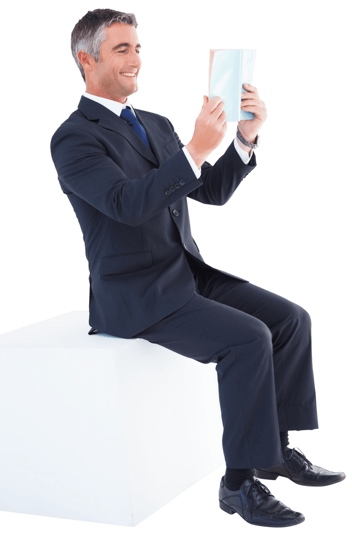 Happy Businessman Reading Isolated on Transparent Background