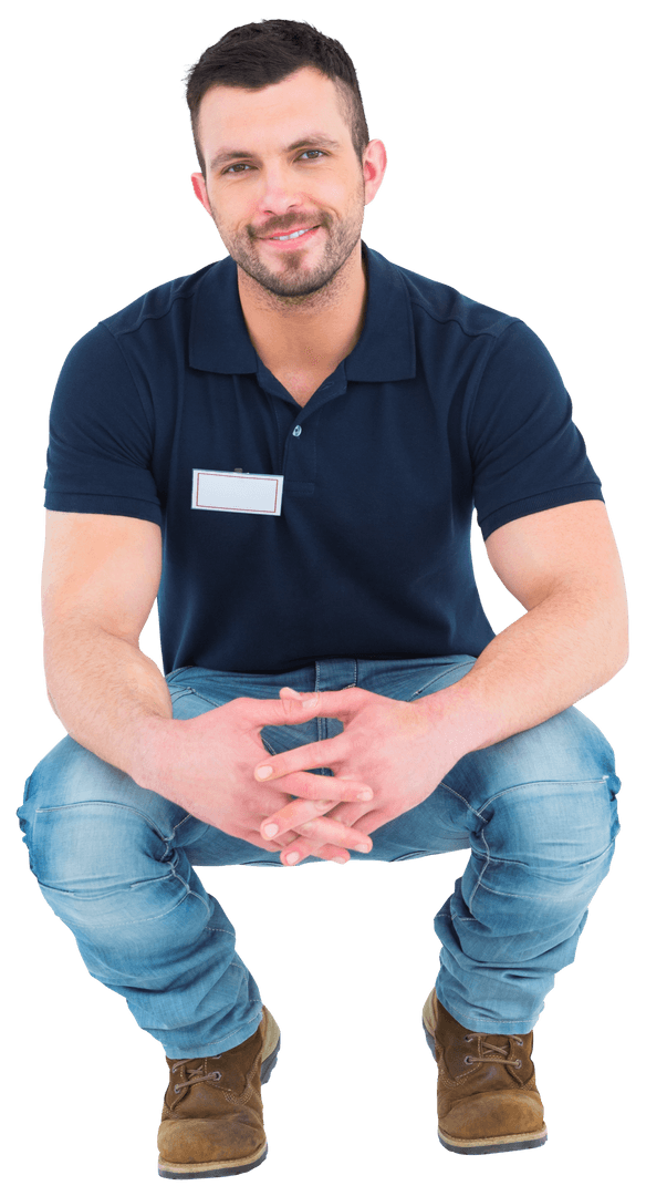 Smiling Man Kneeling in Casual Dress on Transparent Background