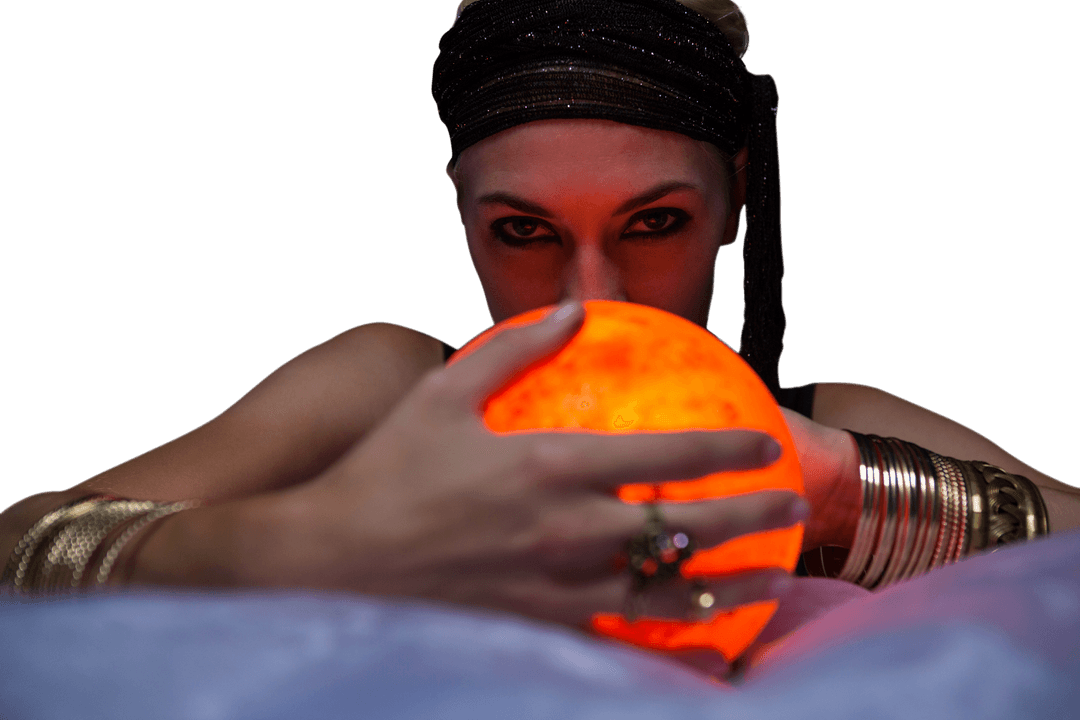 Mysterious Fortune Teller Holding Luminous Orange Crystal Ball