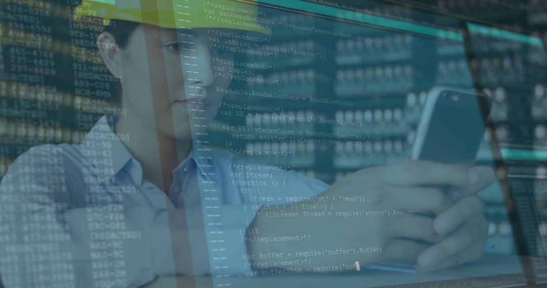 Architect Examining Data Code and Smartphone in a Technology Environment
