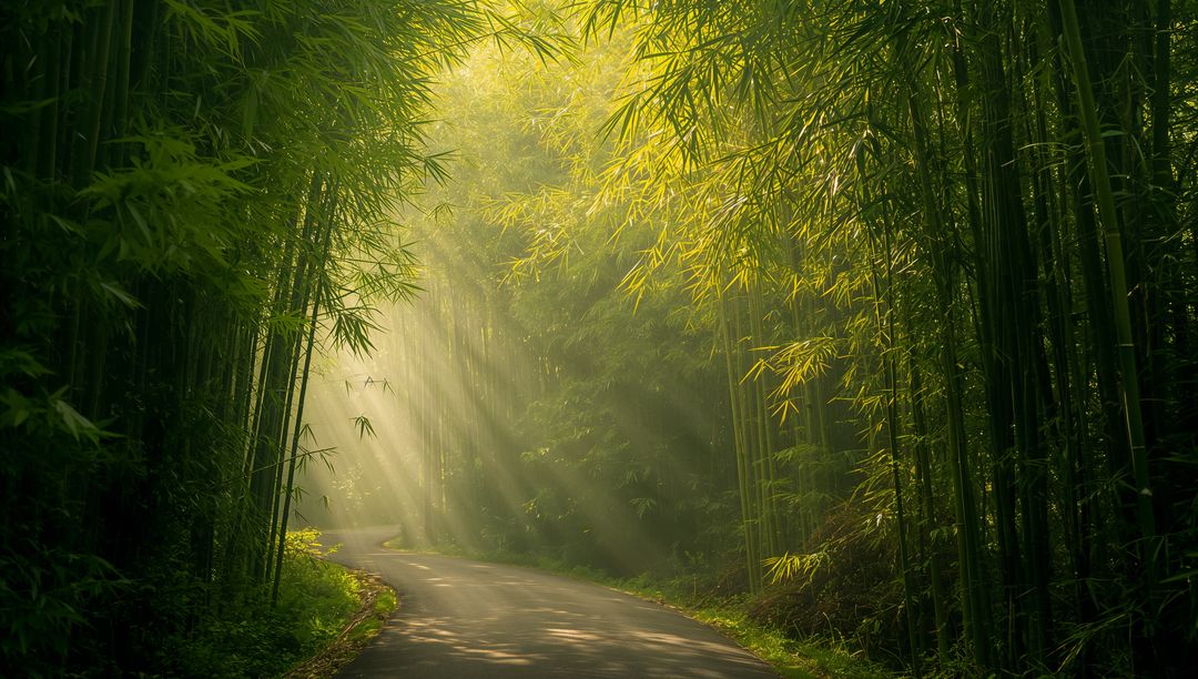Misty Bamboo Forest Path Illuminated by Sunlight