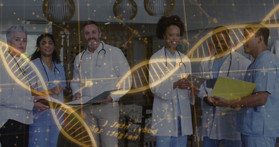 Diverse Medical Team Analyzing DNA Display in Hospital