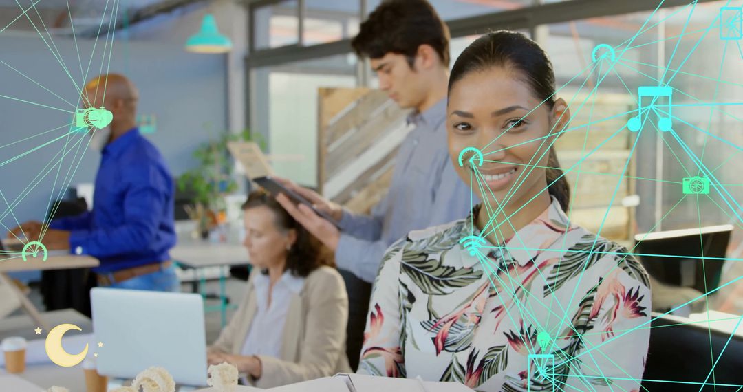 Diverse Team in Modern Office with Networking Icons and Digital Concept