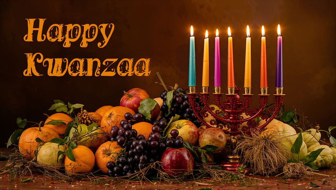 Glowing Kwanzaa Kinara Featuring Seven Lit Colorful Candles and Rustic Harvest Centerpiece