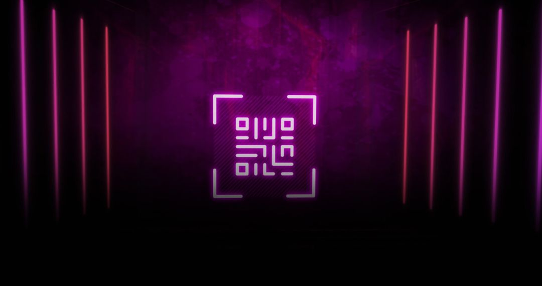 Neon QR Code Surrounded by Glowing Lines on Dark Background