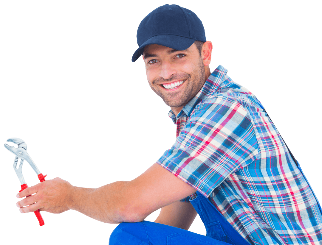 Smiling Handyman Holding Pliers on Transparent Background