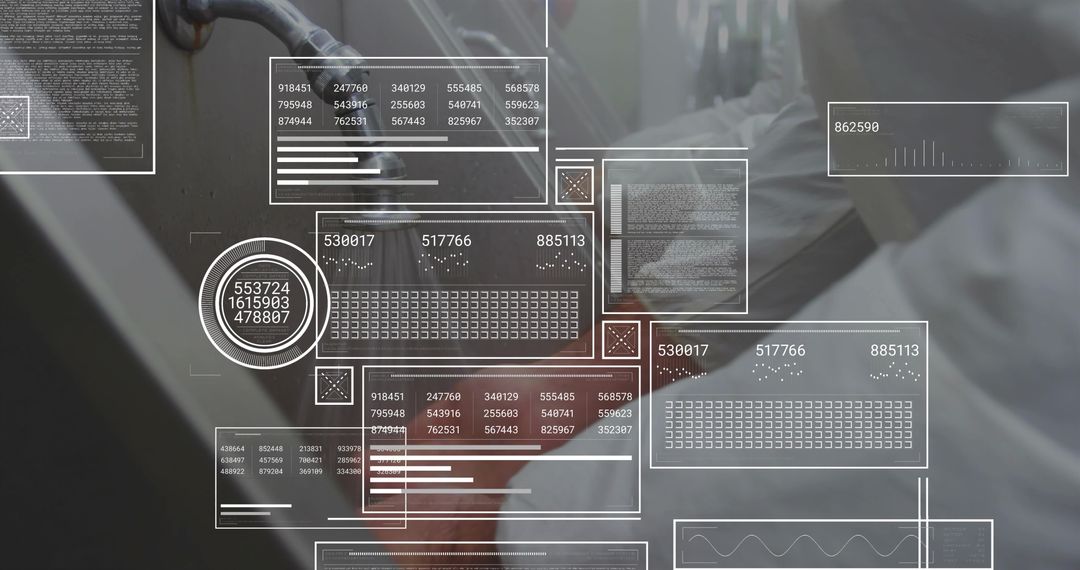 Lab Technician Washing Laboratory Instrument with Data Interface Overlay