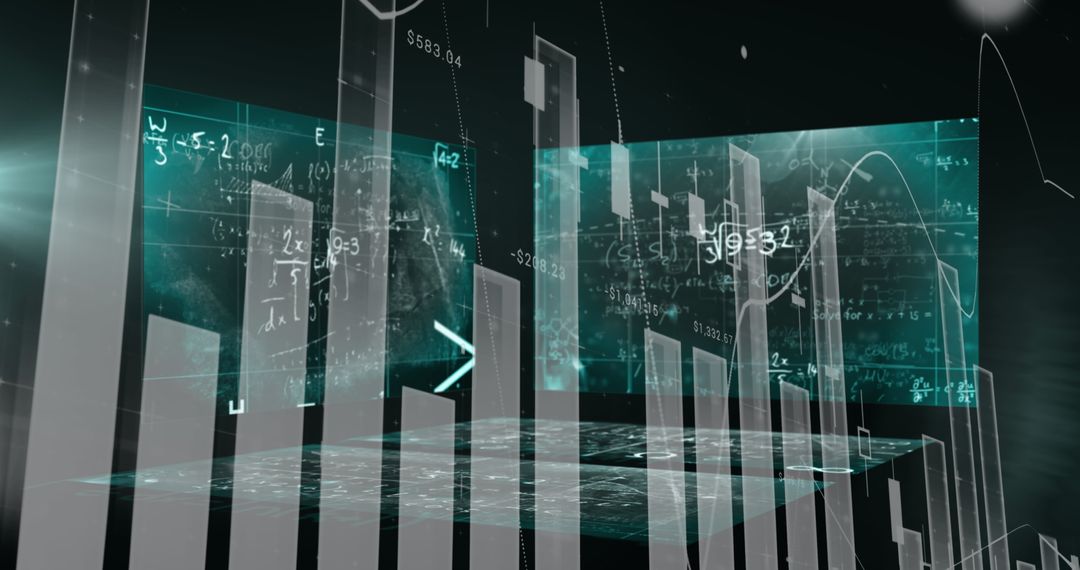 Futuristic Holographic Bar Chart with Math Equations in Digital Space