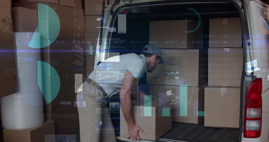Delivery Worker Loading Van with Data Overlay Technology Integration