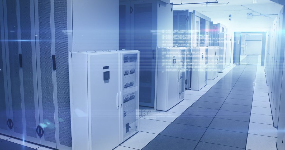 Modern Server Room with Digital Data Flow and Glowing Lights