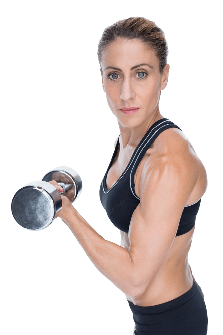Transparent Female Bodybuilder with Dumbbell Looking Focused