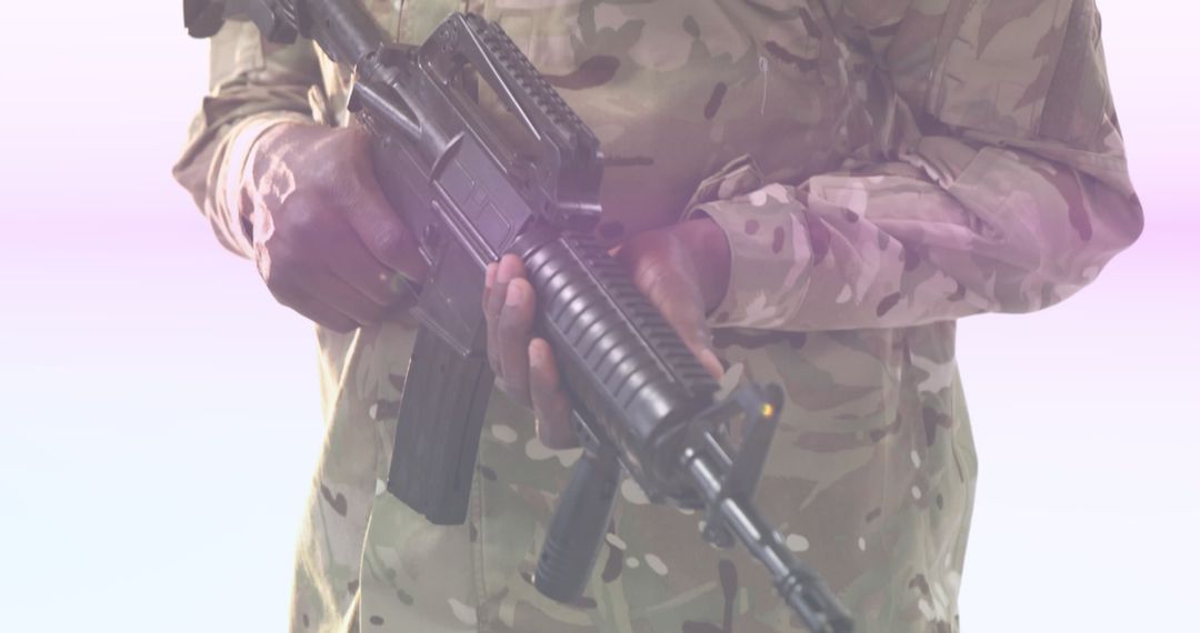 African American Soldier Holding Rifle with Lens Flare Effect