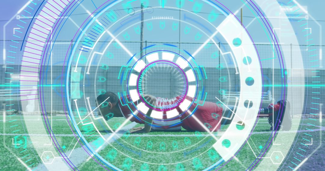 Futuristic Overlay on Football Athlete with Prosthetic Limb Exercising