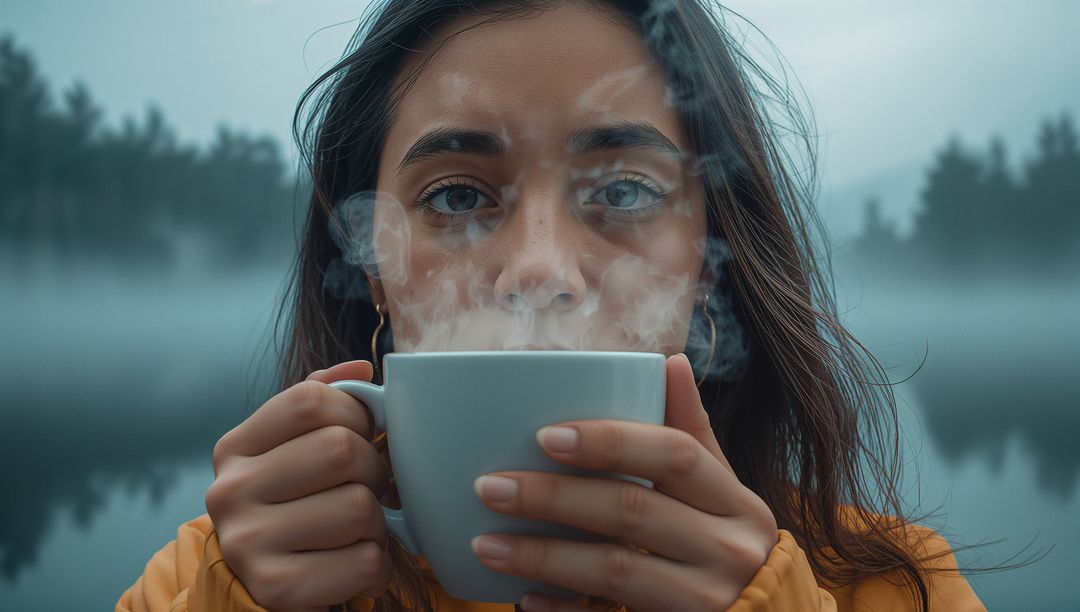 Woman Enjoying Steaming Drink Beside Foggy Lake at Dawn