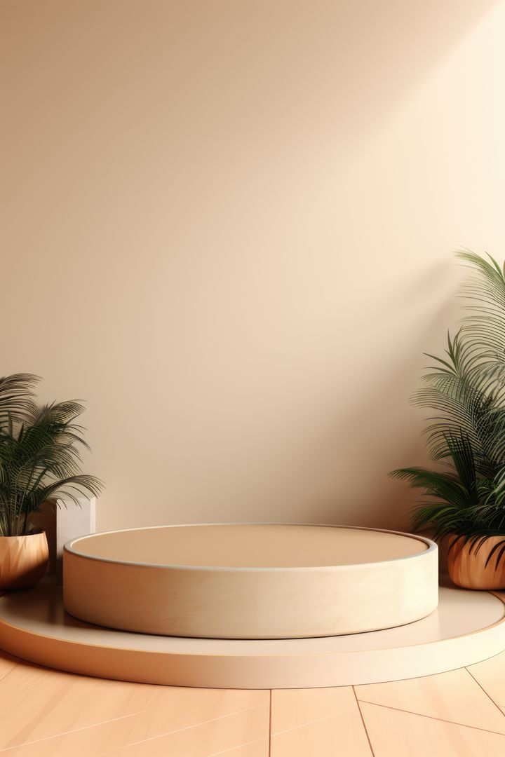 Minimalist Beige Room with Round Podium and Potted Plants - Free Images, Stock Photos and Pictures on Pikwizard.com