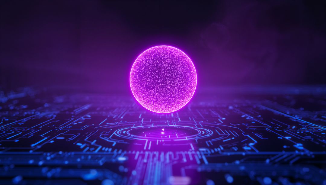 Holographic Purple Sphere Floating Over Futuristic Circuit Board