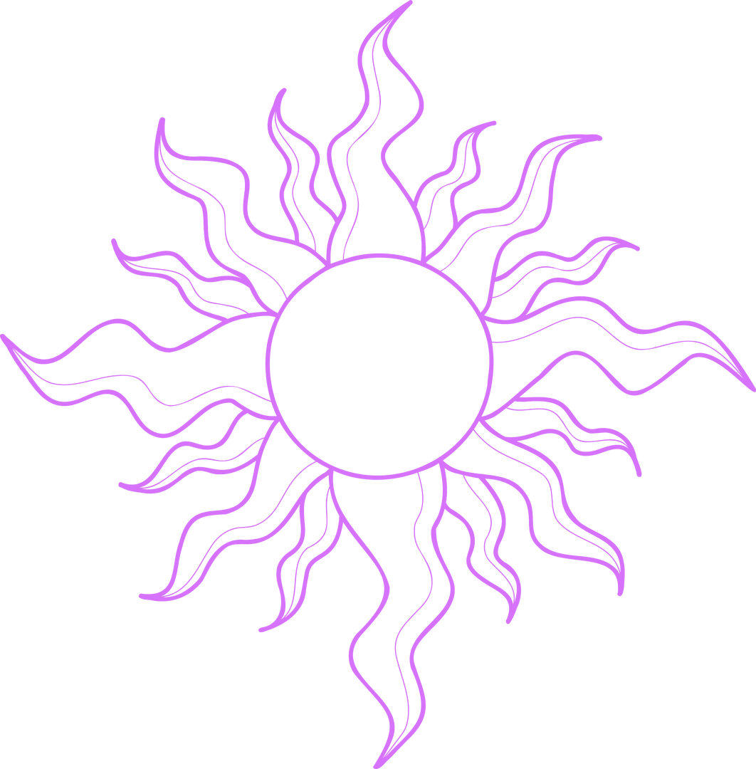 Vibrant Stylized Sun with Wavy Rays on Transparent Background