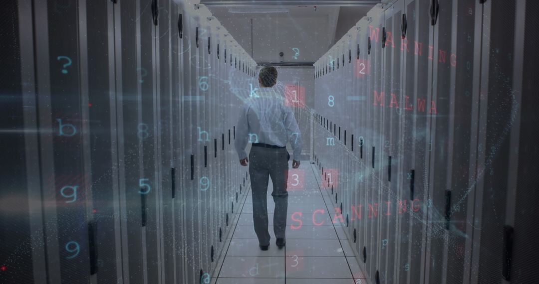 Data Professional in Futuristic Server Room with Digital Overlay
