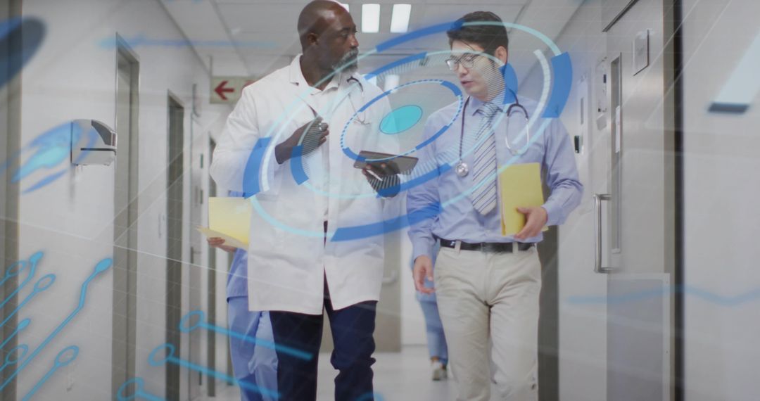 Doctors walking and discussing digital health data using tablet and holographic interface