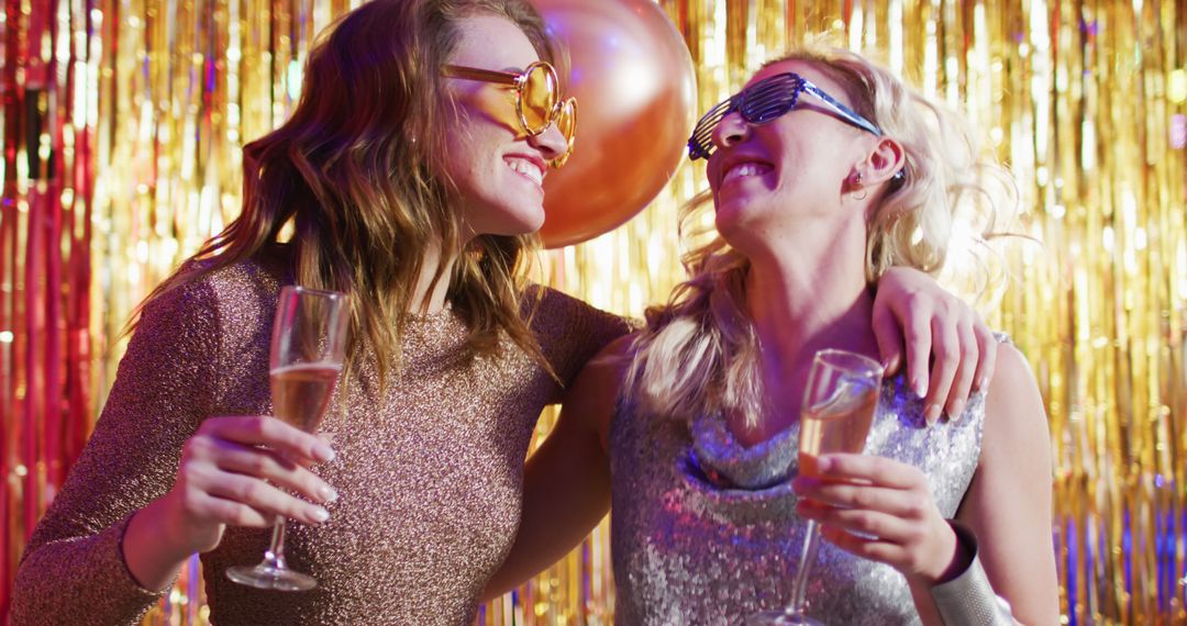 Image of two happy caucasian female friends dancing with glasses of champagne at a nightclub - Free Images, Stock Photos and Pictures on Pikwizard.com
