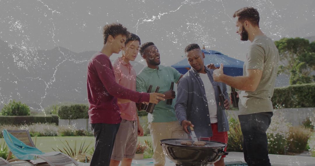 Group of Friends Grilling at Backyard Poolside Social Gathering