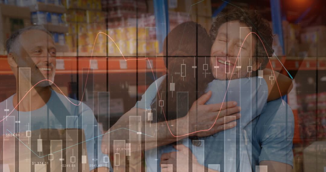 Volunteers Embracing in Warehouse with Overlay of Business Charts