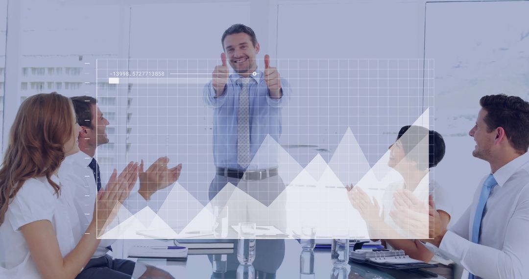 Business Team Celebrating Success with Financial Data Overlay