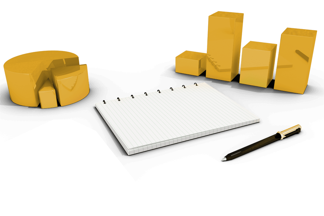 Transparent Bar Chart and Pie Chart Illustration with Pen and Notepad