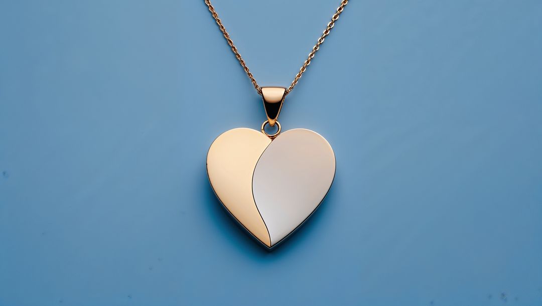 Elegant Two-Tone Heart Pendant on Chain on Light Blue Backdrop