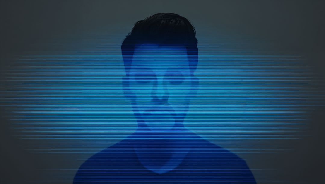 Hispanic man posing behind blue horizontal scanline glitch for cyber identity concept