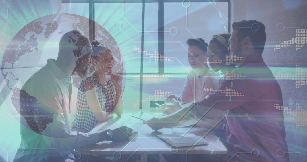 Diverse Business Team Collaborating with Global Technology Concept Overlay
